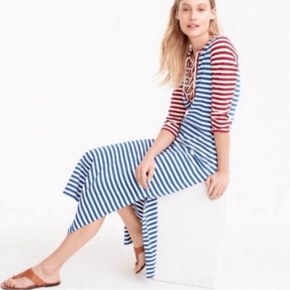 J.Crew Sammie Stripe Lace-Up Maxi Dress G3607 Baltic Red Blue Nautical Boho, S - Picture 2 of 16
